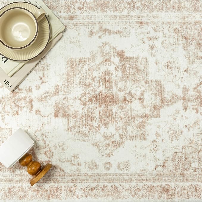 Runner Rug 2x5 Cream Hallway Washable Beige Carpet Non Slip Vintage Medallion - Image 7