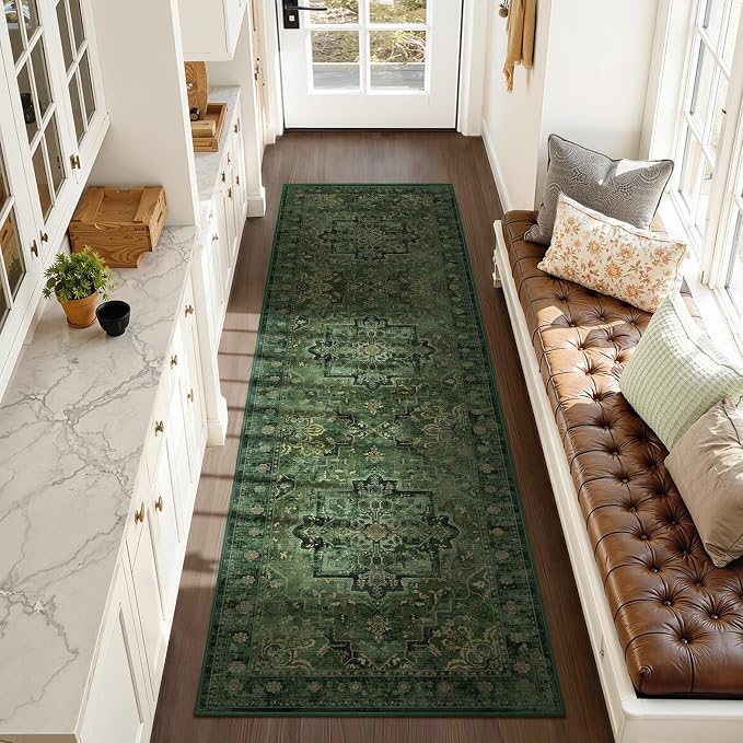 Dark Green 2'6''x8' Kitchen Runner Rug, Retro Distressed Moody Medallion Runners by Jainmy