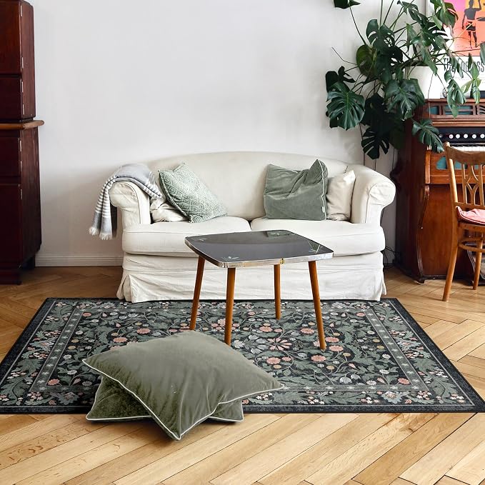 3x5 Washable Area Rug Floral Dark Green Entryway Small Rug Vintage Forest Low - Image 7