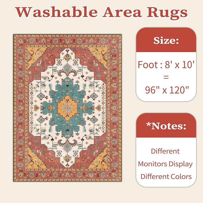 SERISSA Boho 8x10 Area Rugs Orange, Washable Vintage Large Living Room Rug - Image 6