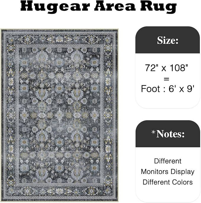 HUGEAR 6x9 Area Rug Black Vintage Machine Washable Living Room Retro Rugs - Image 2