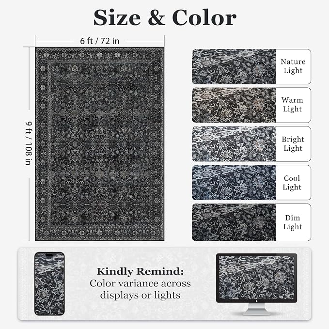 Charcoal Black Area Rug 6x9, Vintage Earth Tone Dark Rugs - Image 2