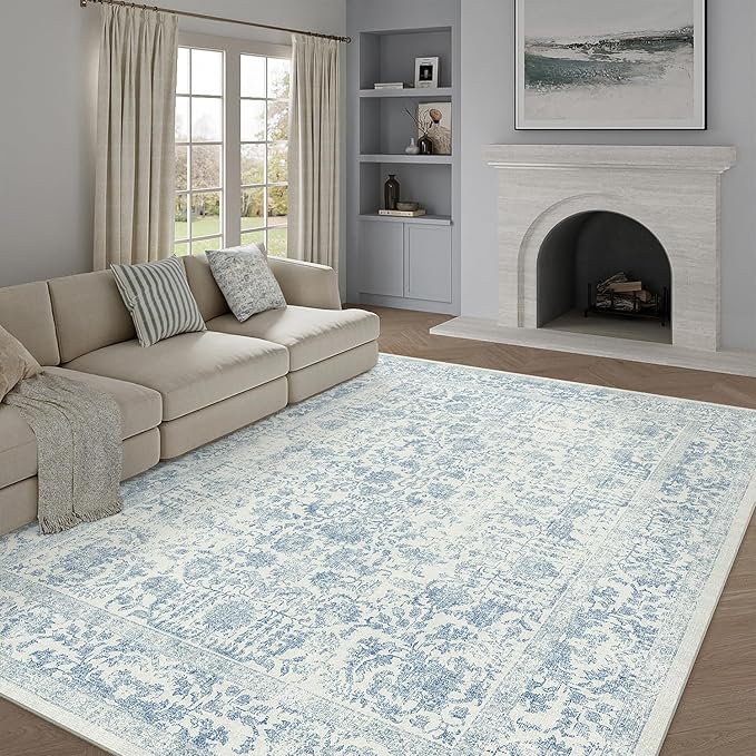 Blue Area Rug 10x12 Machine Washable Large Vintage Living Room Distressed Non - Image 5