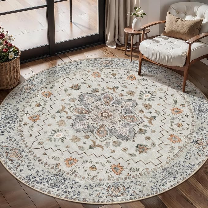 Tangsoo Vintage Round Rug 5ft, Washable Circle Rug, Non Slip Boho Round Area Rug - Image 6