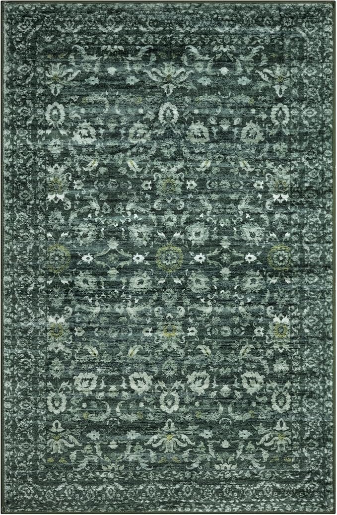 Vintage Floral 5x7 Rug, Dark Green Washable Area Rug - Image 9