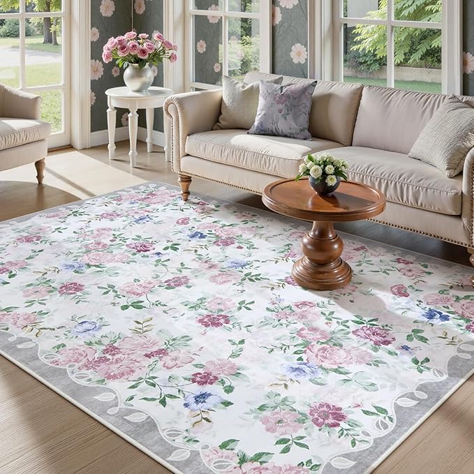 Lahome Purple Floral 5x7 Area Rugs, Boho Rugs by Lahome