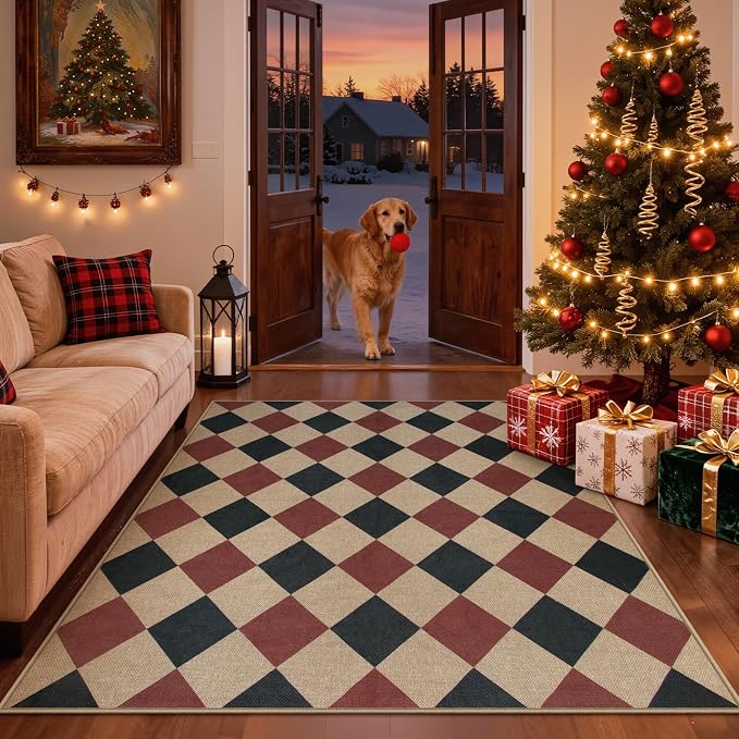 Lahome Checkered 5x7 Rug, Indoor Outdoor Rug Non Shedding Black and Red by Lahome