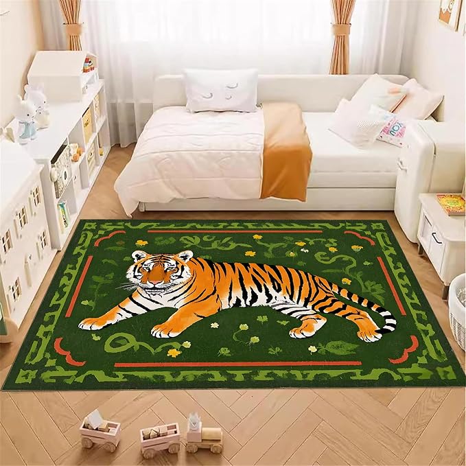 Jungle Tiger Area Rug, Cozy Jungle Style Tiger Print Area Rug Surrounded by - Image 4