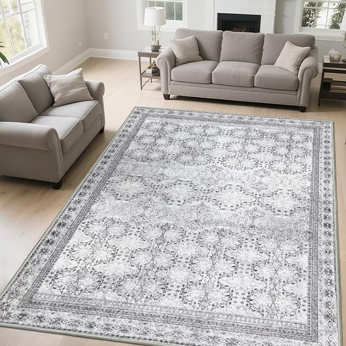 6x9 Washable Area Rug Non Slip, Faded Grey Living Room Rugs Low Pile, Thin by Zarvenda