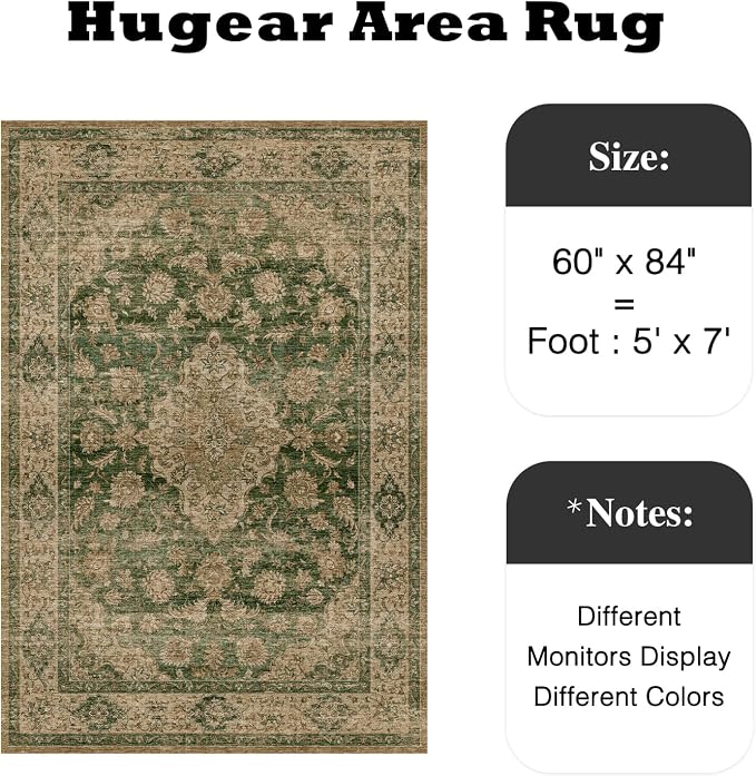 HUGEAR Retro Green Area Rug 5x7 Machine Washable Living Room Rugs Distressed - Image 2