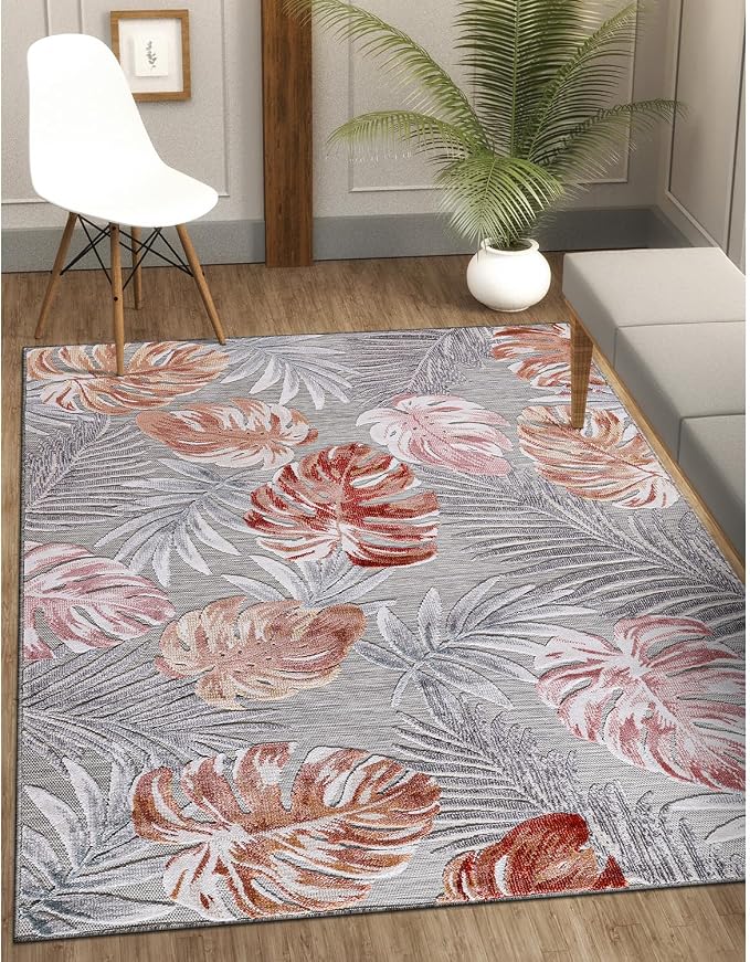CAMILSON Indoor Outdoor Rug, Mult 9’x12’ Leaf Tropical Botanical Area Rugs - Image 3