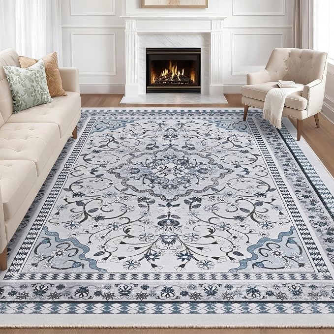 Luxury 8' x 10' Green Washable Area Rugs, Boho Low Pile Easy Clean Non-Slip Rug - Image 9