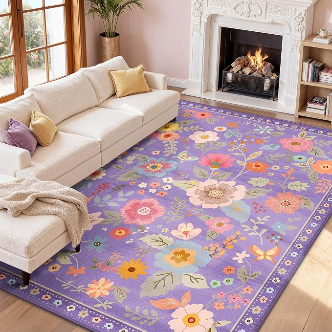 Floral 9x12 Area Rug Machine Washable Soft Print Boho Carpet Non Slip Doormat by RELEANY