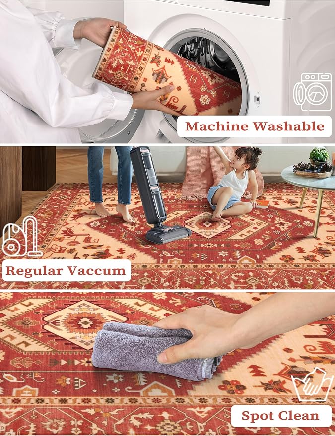 SERISSA Boho Washable Runner Rug, 2x6 Rug Runner Non-Slip Vintage Red Beige - Image 2