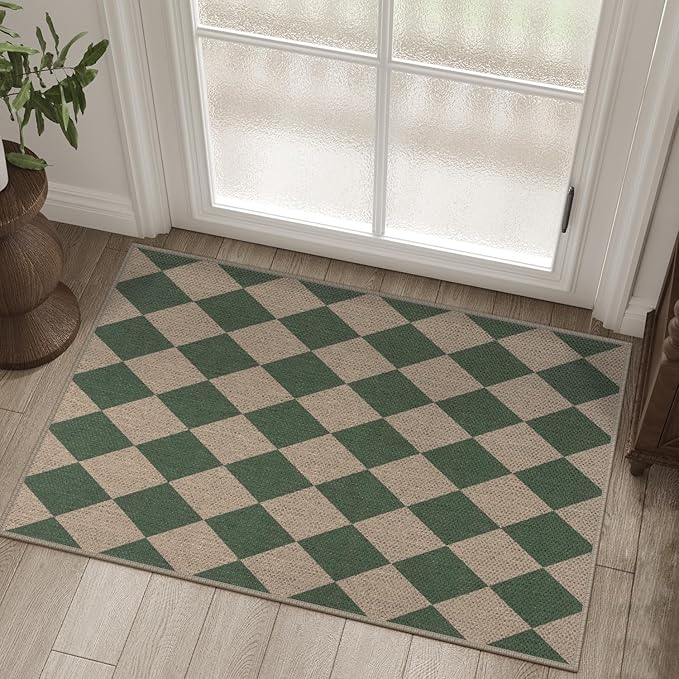 Easy Jute Checkered Entryway Rug, 2x3 Green Modern Indoor Outdoor Doormat by Rugalia