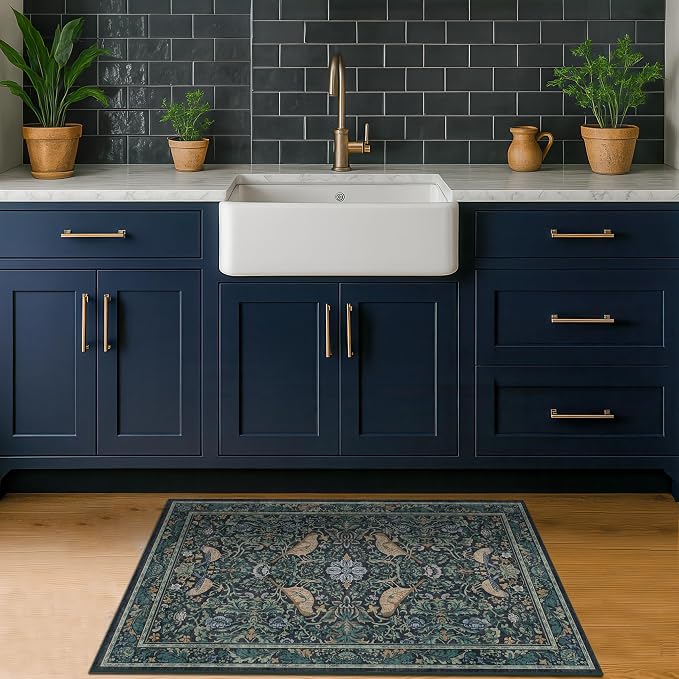 Washable Floral Small 2x3 Dark Blue Entryway Rugs Indoor, Botanical Bird - Image 3