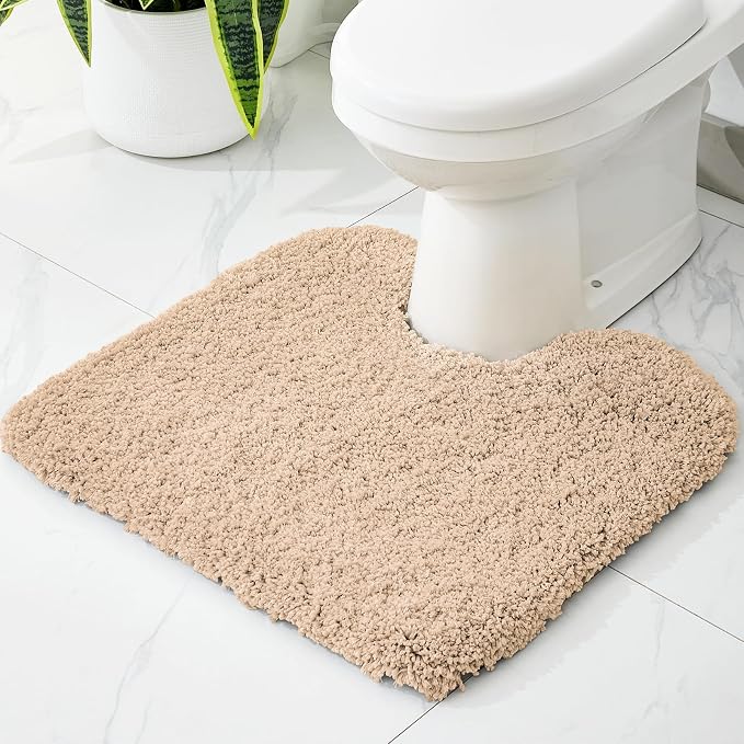 Beige Toilet Rug 22x24 Non Slip Fluffy Toilet Floor Mat U Shaped Washable by Disolla