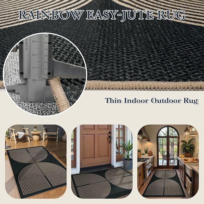 Lahome Modern Rainbow Easy Jute Outdoor Patio Rug, 3x5 Black Washable Rugs - Image 3