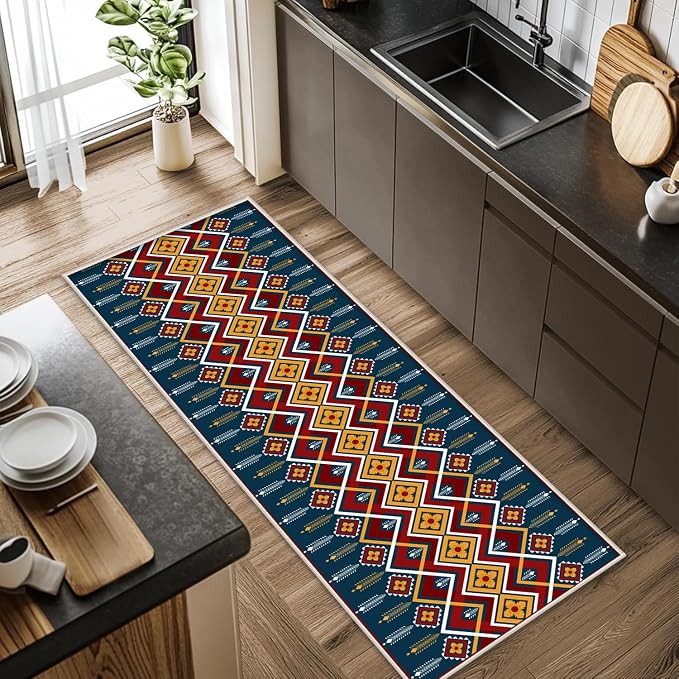 Dark Blue Runner Rug, 3x12ft Red Yello Diamond Hallway Decor Carpet, Corridor & - Image 3