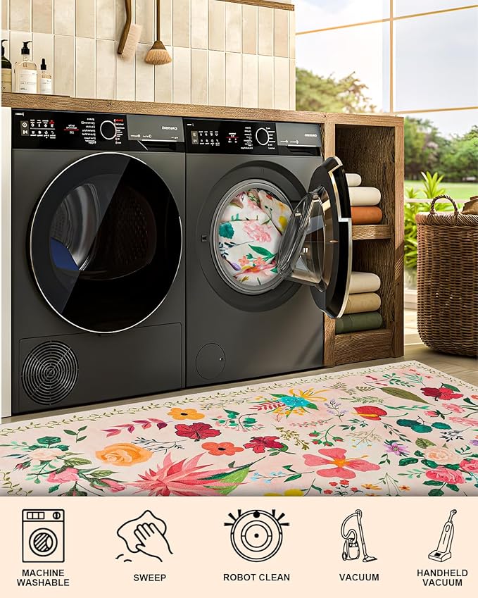 Boho Washable Area Rug 4x6 – Floral Low Pile Non-Slip Carpet - Image 4