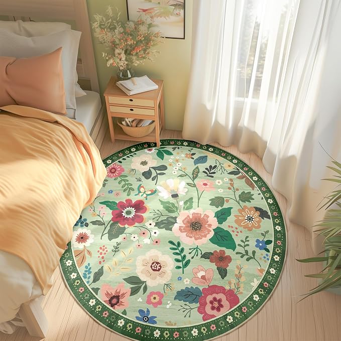 Floral 4ft Area Rug Machine Washable Soft Print Boho Carpet Non Slip Doormat by RELEANY