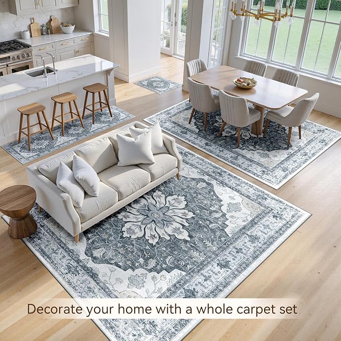 Area Rugs 8'x10' Washable Non-Slip, Floral Vintage Distress Print Pattern - Image 3