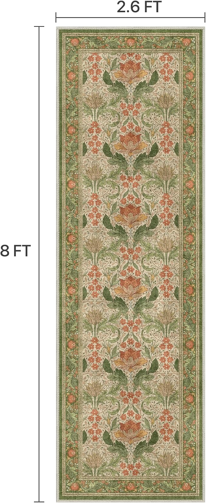 Bavni 2'6''x8 Runner Rug, Microfiber Washable Non-Slip Vintage Floral Rugs - Image 2