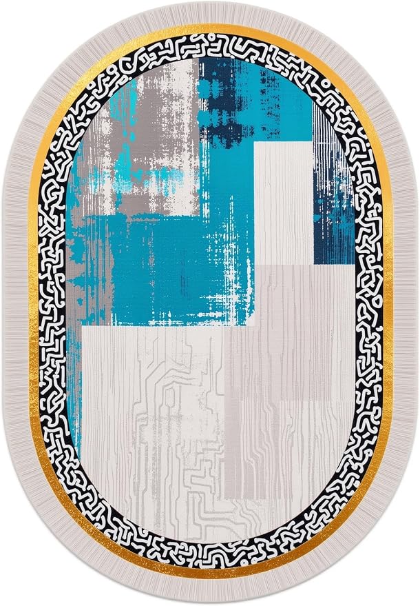 Vintage Luxury Grey Blue Gold Abstract Geometric Texture Oval Area Rug 9x12 - Image 5