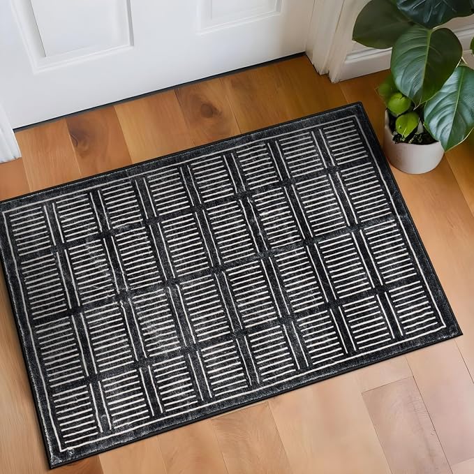 Rugshop Bohemian Stripe Lines Washable Non Slip Area Rug 2' x 3' Black by Rugshop
