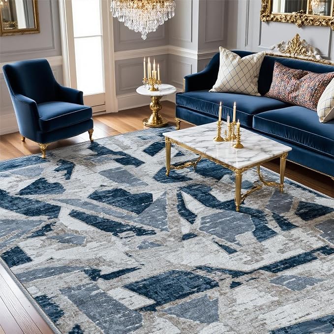 Blue 6X9 Area Rugs for Living Room Bedroom, Modern Abstract Large Carpet by IGEMAEVE