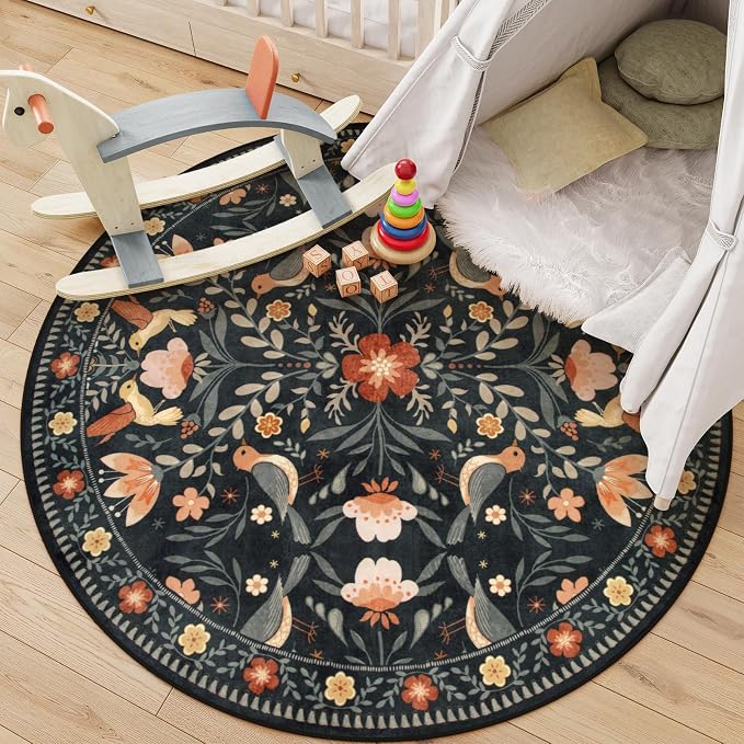 Moynesa Floral Bird Round Rug 6ft Washable Circle Rug Non Slip, Modern by Moynesa