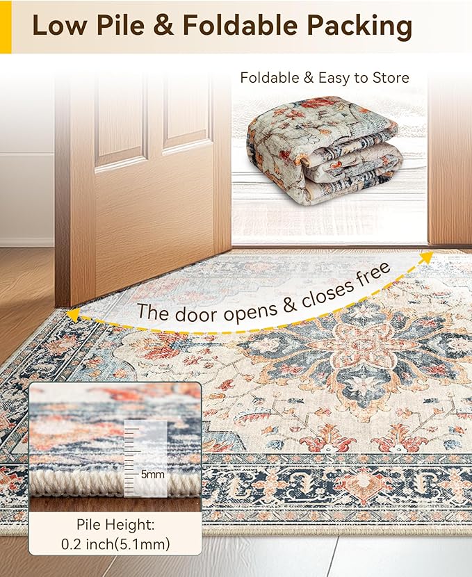 Area Rugs 6'x8' Washable Non-Slip, Floral Vintage Distress Print Pattern - Image 4