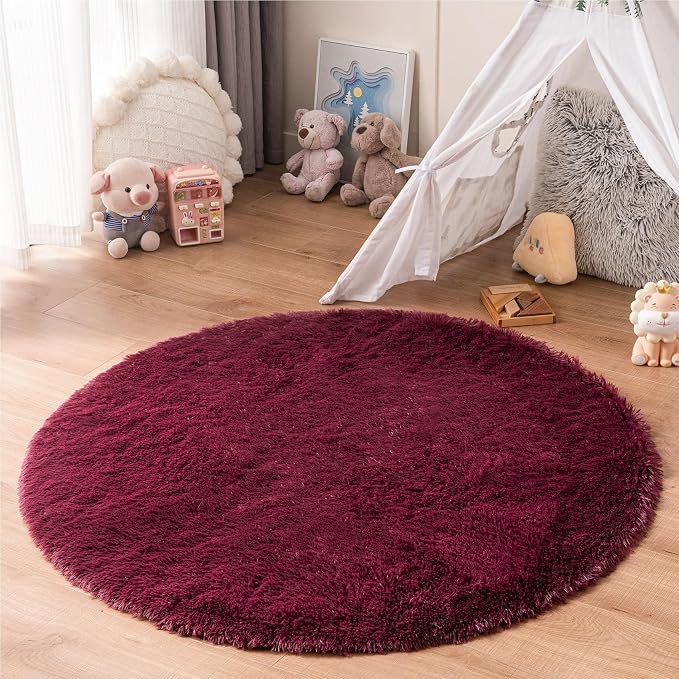duduta Burgundy Plush Round Rug 4x4 ft, Fluffy Shag Rugs by Duduta