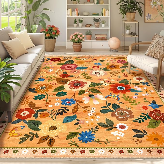 Floral 8x10 Area Rug Machine Washable Soft Print Boho Carpet Non Slip Doormat - Image 2