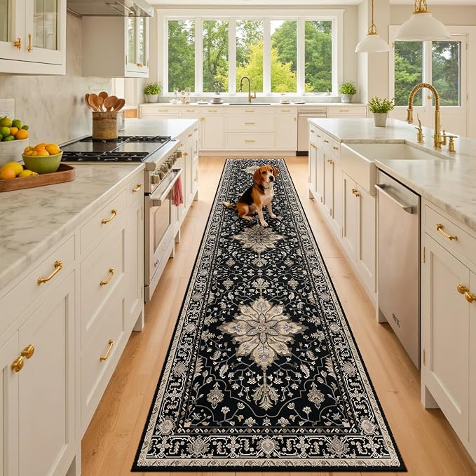Area Rugs 2'x10' Washable Non-Slip, Floral Vintage Distress Print Pattern by RELEANY