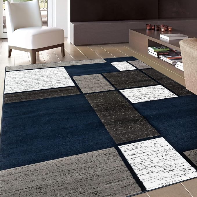 Rugshop Modern Geometric Boxes Navy Area Rug, Fade-Resistant Carpet by Rugshop
