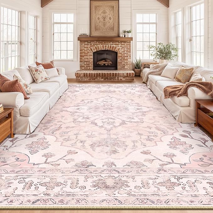 Area Rugs 10'x14' Washable Non-Slip, Floral Vintage Distress Print Pattern by RELEANY