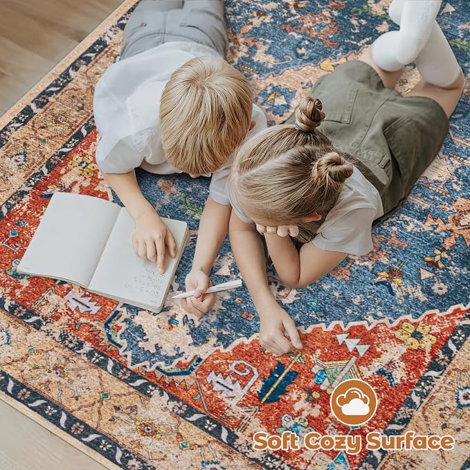 Area Rug 9x12 Washable Rug, Vintage Boho Medallion Rugs Non-Slip Soft Low Pile - Image 4