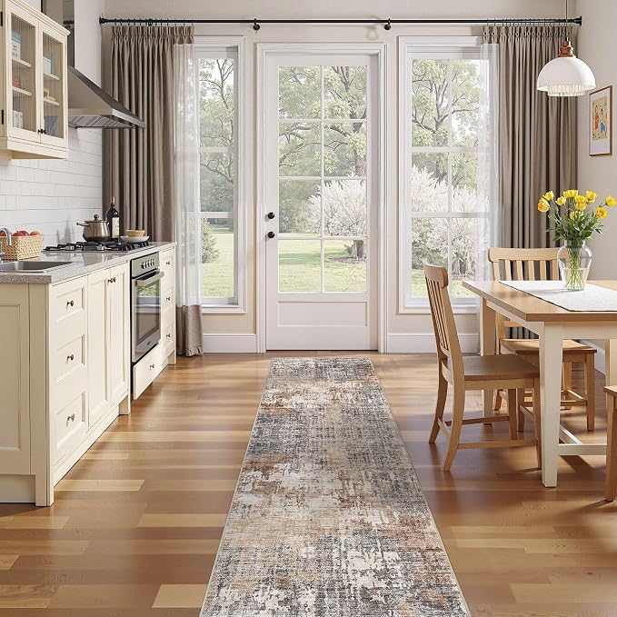 Washable Runner Rug for Hallway: 2.6x12 Neutral Modern Abstract Low Pile Area - Image 4