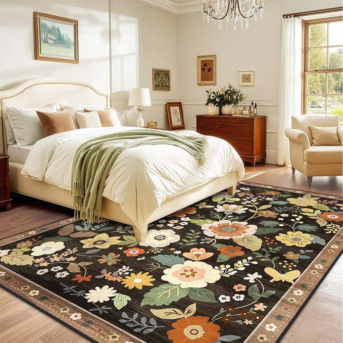 Floral 9x12 Area Rug Machine Washable Soft Print Boho Carpet Non Slip Doormat - Image 2