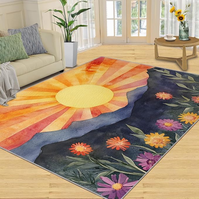 Boho Sun Runner Rugs 2x4ft, Radiant Sunburst Small Entryway Mats, Geometric - Image 3