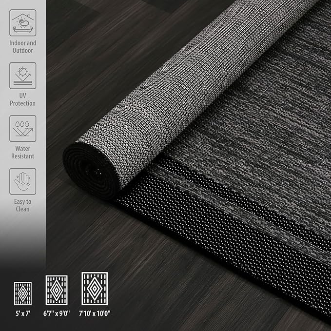CAMILSON Indoor Outdoor Rug, 8x10 Bordered Dark Gray Black Modern Area Rugs - Image 7
