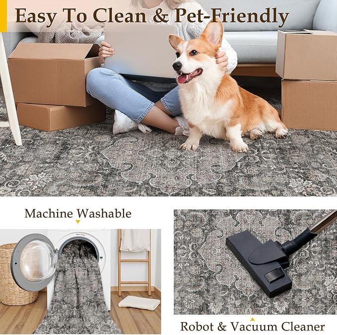 2x6 Washable Vintage Runner Rug Black Grey Hallway Kitchen Carpet Non-Slip Soft - Image 5