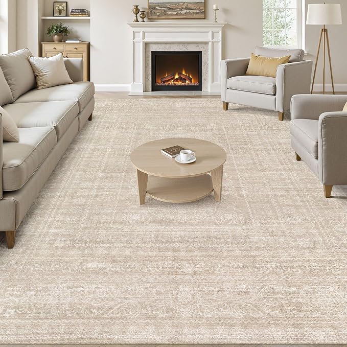 10x12 Area Rug Living Room: Washable Large Vintage Beige Rugs Neutral Non-Slip by NakagishiAreaRug