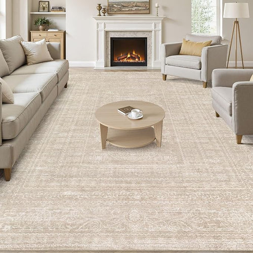 10x12 Area Rug Living Room: Washable Large Vintage Beige Rugs Neutral Non-Slip by NakagishiAreaRug