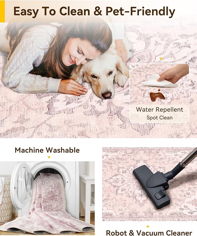 Area Rugs 5ft Washable Non-Slip, Floral Vintage Distress Print Pattern - Image 3