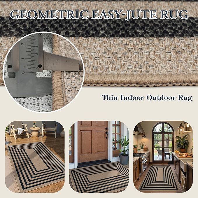 Lahome Modern Geometric Easy Jute Outdoor Rug, 3x5 Black Washable Kitchen Rugs - Image 3