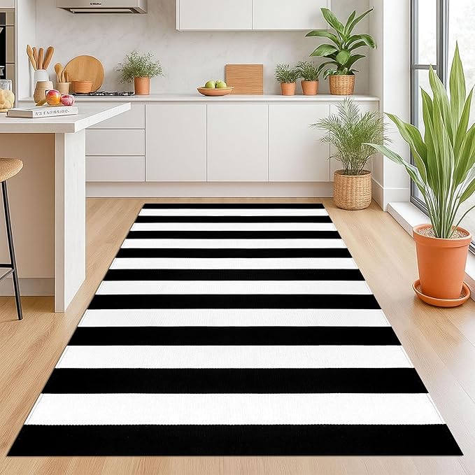 KOZYFLY Black and White Striped Area Rug 4x6 Ft Outdoor Rug Washable Indoor - Image 3