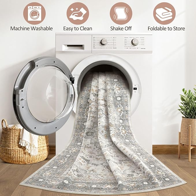 10x12 Area Rug Living Room: Washable Boho Large Neutral Vintage Soft Rugs Stain - Image 2