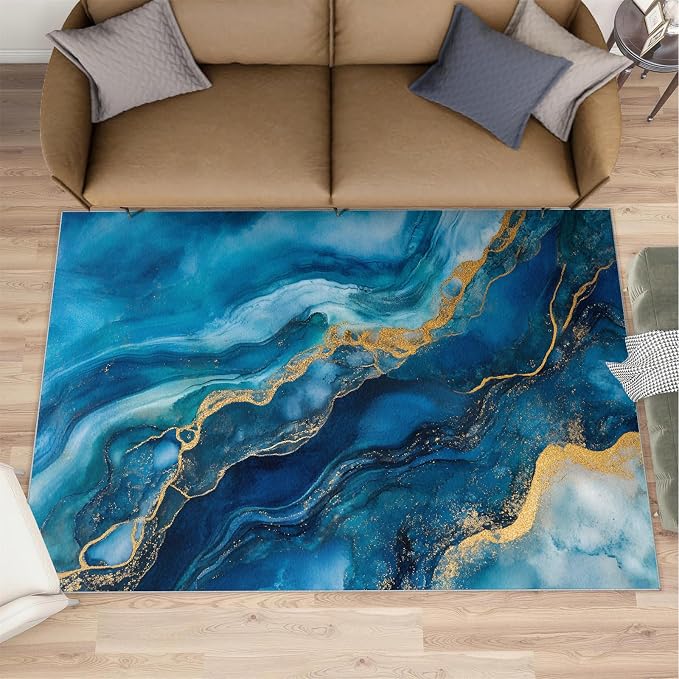 Blue Gold Marble Rugs for Bedroom by Unknown